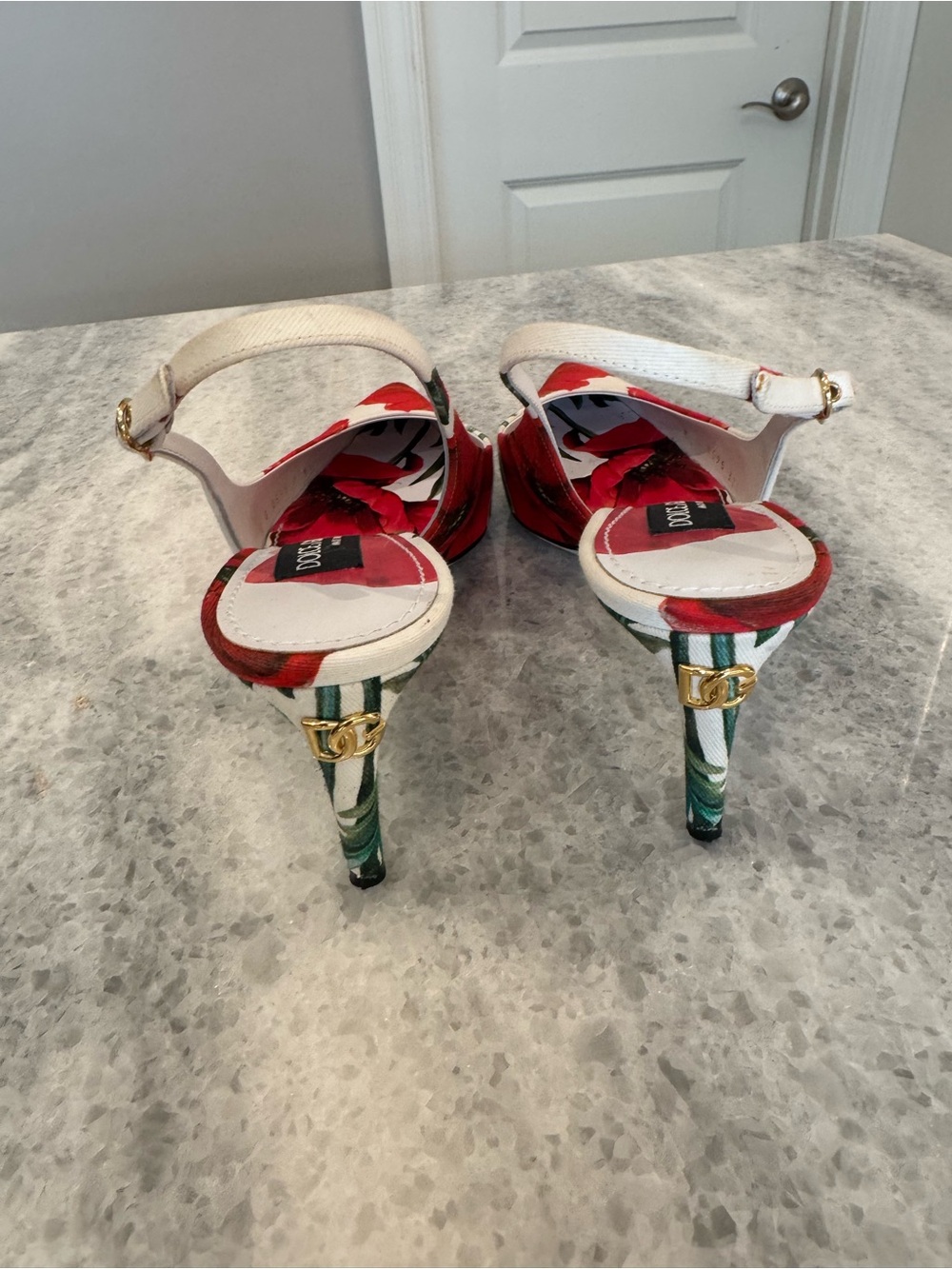 Dolce & Gabbana White Slingback Heels with Red Poppy Print - Picture 2 of 8